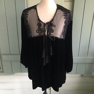 Johnny Was 4 Love And Liberty Black Rayon Silk Velvet & Lace Open Cardigan XL